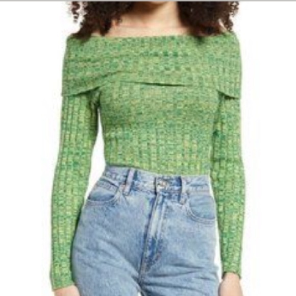 AFRM Green &Yellow Marled Long Sleeves Off Shoulder Bodysuit Sweater Size Medium - Picture 1 of 16